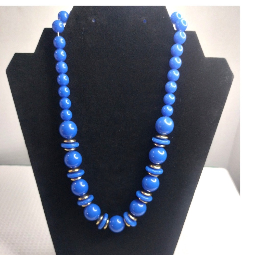 Vintage Blue Graduated Bead Necklace Silver Tone Spacers Retro Mod MCM
